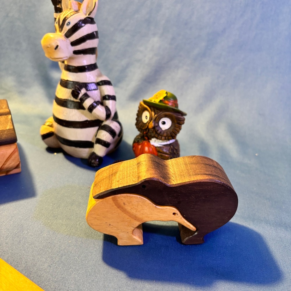 Animal Figurine Set Zebra Owl & Interlocking Wooden Kiwi Puzzles 4pc Decor - Picture 3 of 6